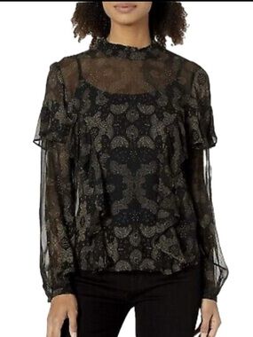 Lucky Brand Sheer Black Patterned Ruffle Blouse Womens Size M Fairy Goth Grunge
